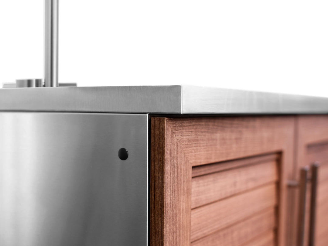 Outdoor Kitchen in Classic Grove Finish with Performance Grill 6 Piece Set with Fridge and Sink and Outdoor TV