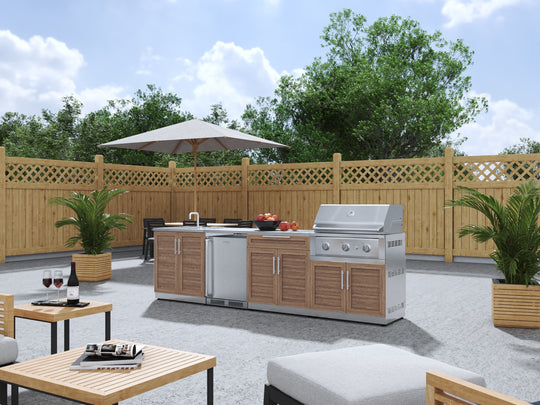 Outdoor Kitchen in Classic Grove Finish with Performance Grill 6 Piece Set with Fridge and Sink and Outdoor TV