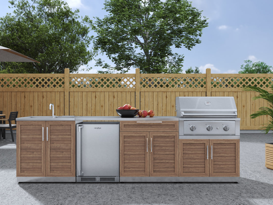 Outdoor Kitchen in Classic Grove Finish with Performance Grill 6 Piece Set with Fridge and Sink and Outdoor TV