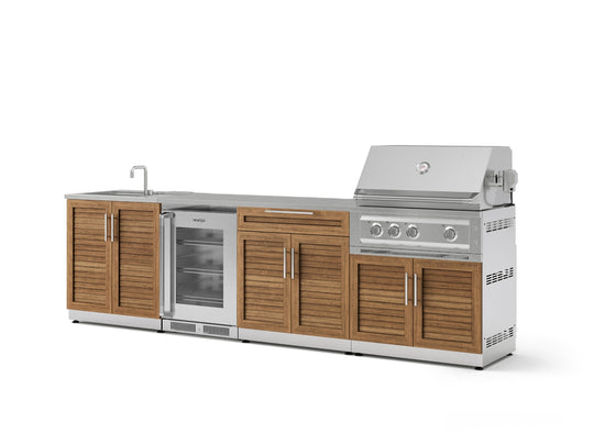 Outdoor Kitchen in Classic Grove Finish with Platinum Grill 6 Piece Set with Fridge and Sink and Outdoor TV