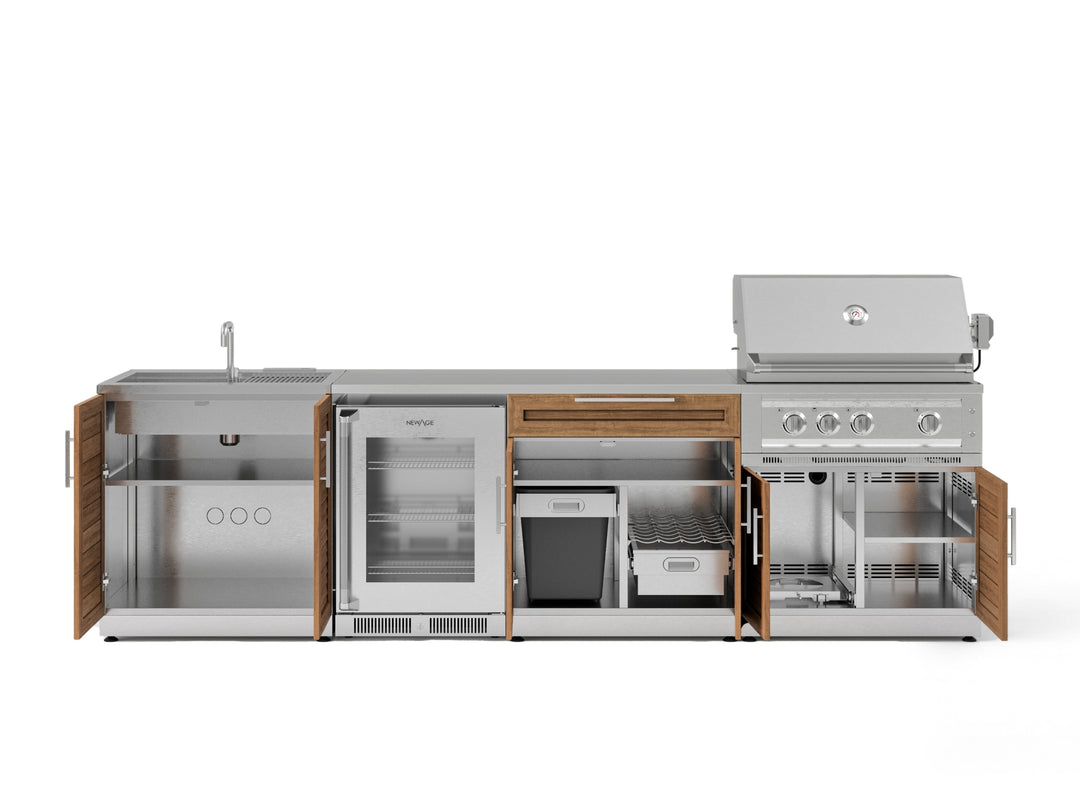 Outdoor Kitchen in Classic Grove Finish with Platinum Grill 6 Piece Set with Fridge and Sink and Outdoor TV