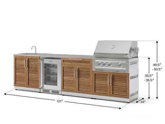 Outdoor Kitchen in Classic Grove Finish with Platinum Grill 6 Piece Set with Fridge and Sink and Outdoor TV