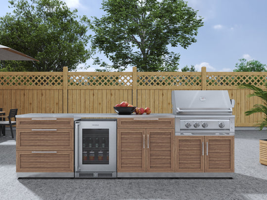 Outdoor Kitchen in Classic Grove Finish with Platinum Grill 7 Piece Set and Outdoor TV