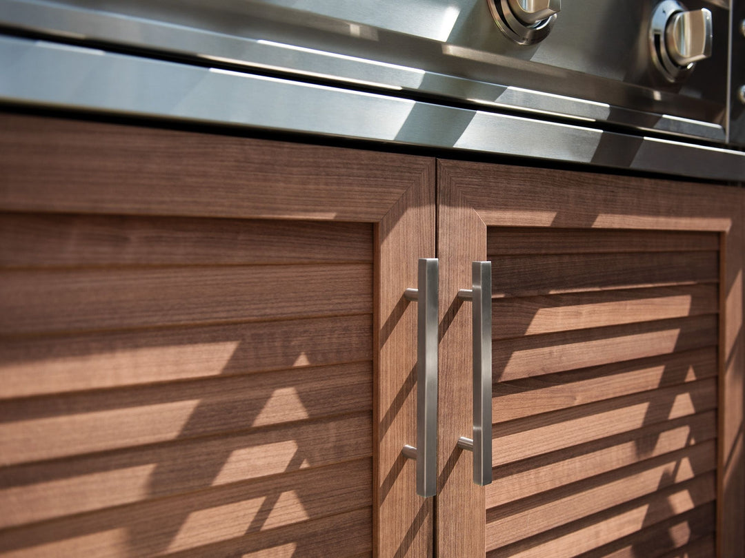Outdoor Kitchen in Classic Grove Finish with Performance Grill Corner Style 7 Piece Set and Outdoor TV
