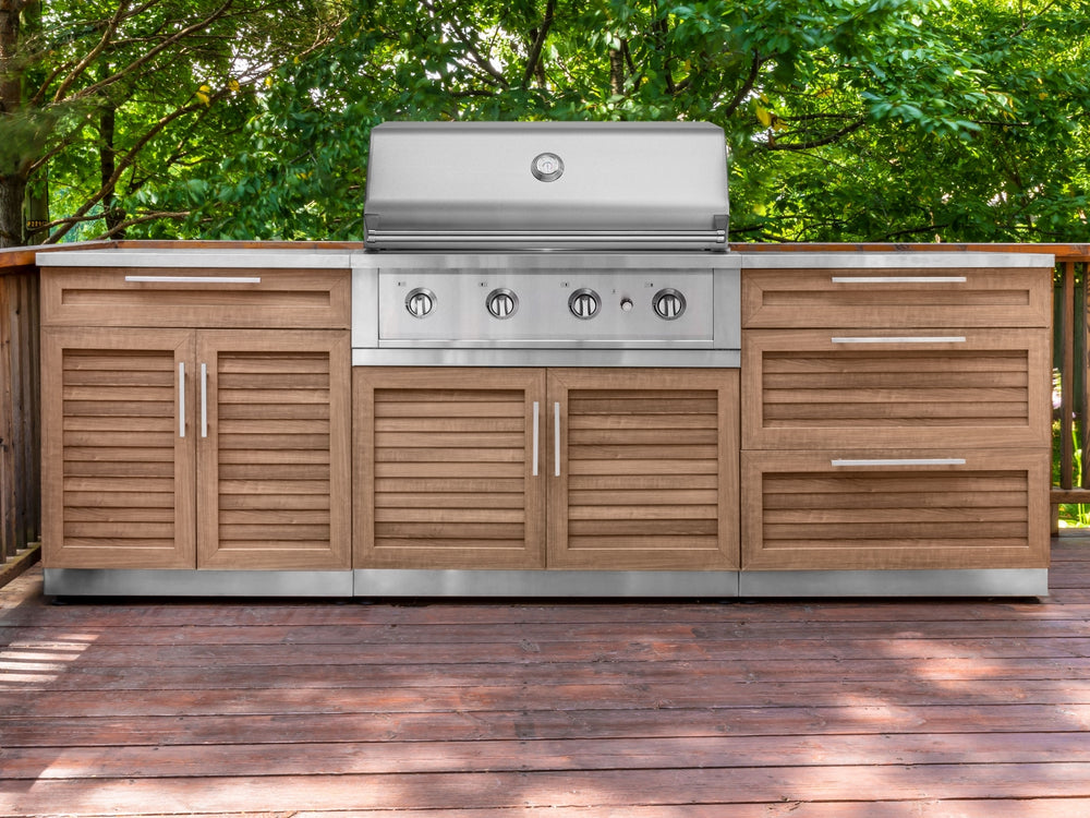 Outdoor Kitchen in Classic Grove Finish with Performance Grill Corner Style 7 Piece Set and Outdoor TV