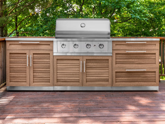 Outdoor Kitchen in Classic Grove Finish with Performance Grill Corner Style 7 Piece Set and Outdoor TV