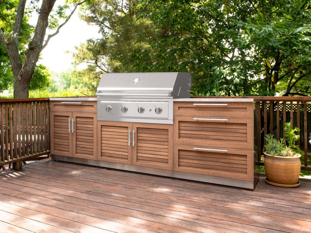 Outdoor Kitchen in Classic Grove Finish with Performance Grill Corner Style 7 Piece Set and Outdoor TV