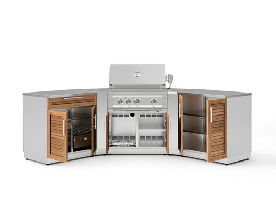 Outdoor Kitchen in Classic Grove Finish with Platinum Grill Corner Style 7 Piece Set and Outdoor TV