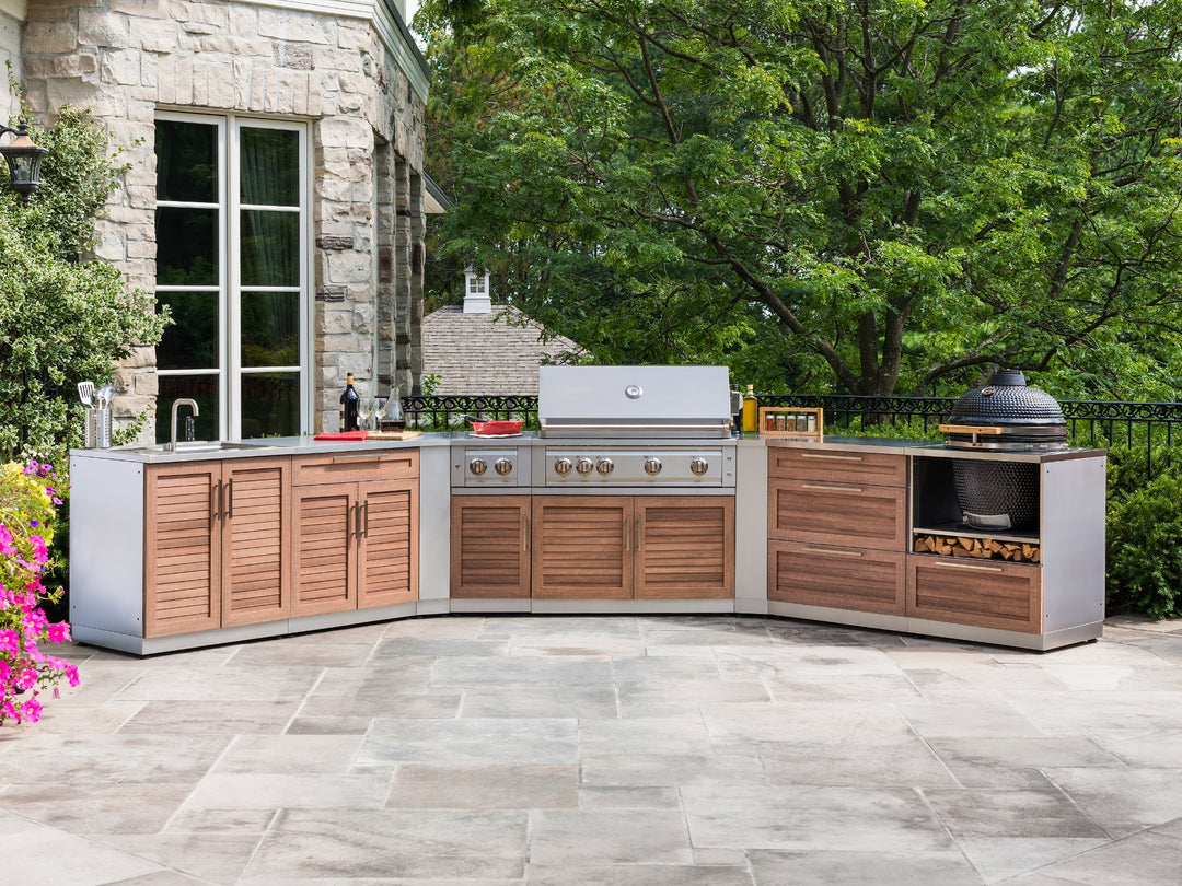 Outdoor Kitchen in Classic Grove Finish with Platinum Grill Corner Style 7 Piece Set and Outdoor TV