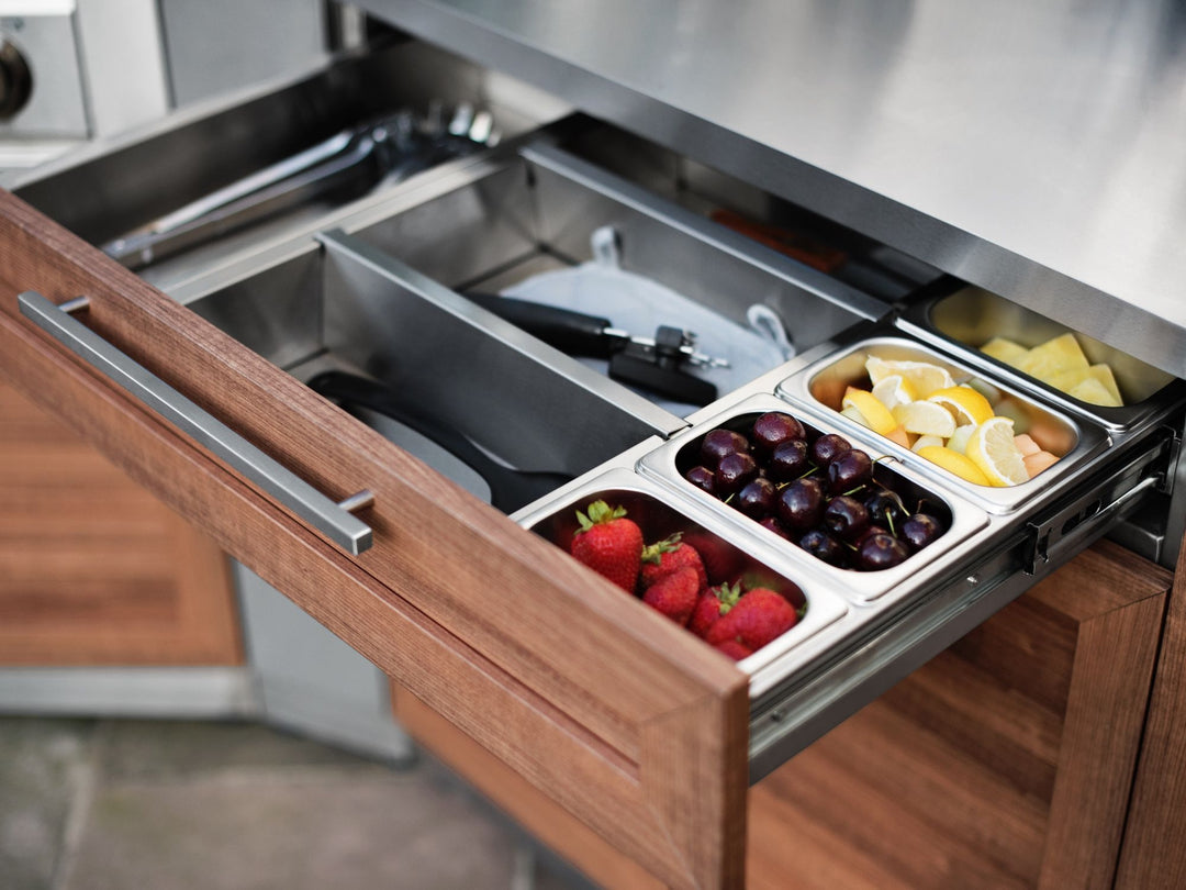 Outdoor Kitchen in Classic Grove Finish with Performance Grill 5 Piece Set with Sink and Outdoor TV