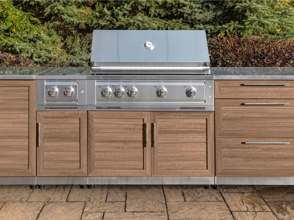 Outdoor Kitchen in Classic Grove Finish with Performance Grill 5 Piece Set with Sink and Outdoor TV