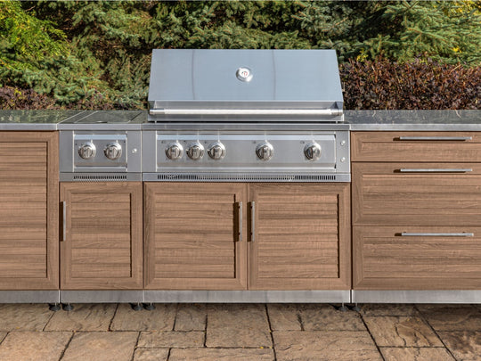 Outdoor Kitchen in Classic Grove Finish with Performance Grill 5 Piece Set with Sink and Outdoor TV