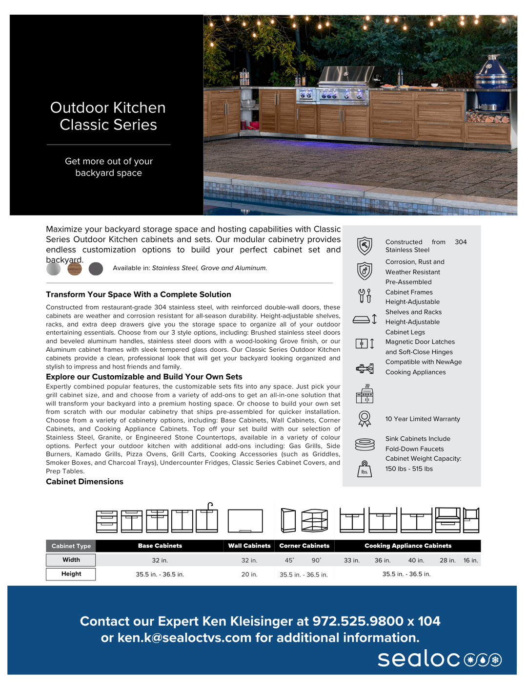 Outdoor Kitchen in Classic Grove Finish with Performance Grill 5 Piece Set with Sink and Outdoor TV