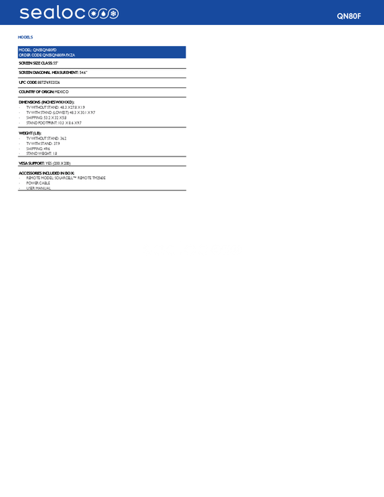 weatherloc® treated Samsung QN80F Series Neo QLED 4K UHD Vision AI Smart TV